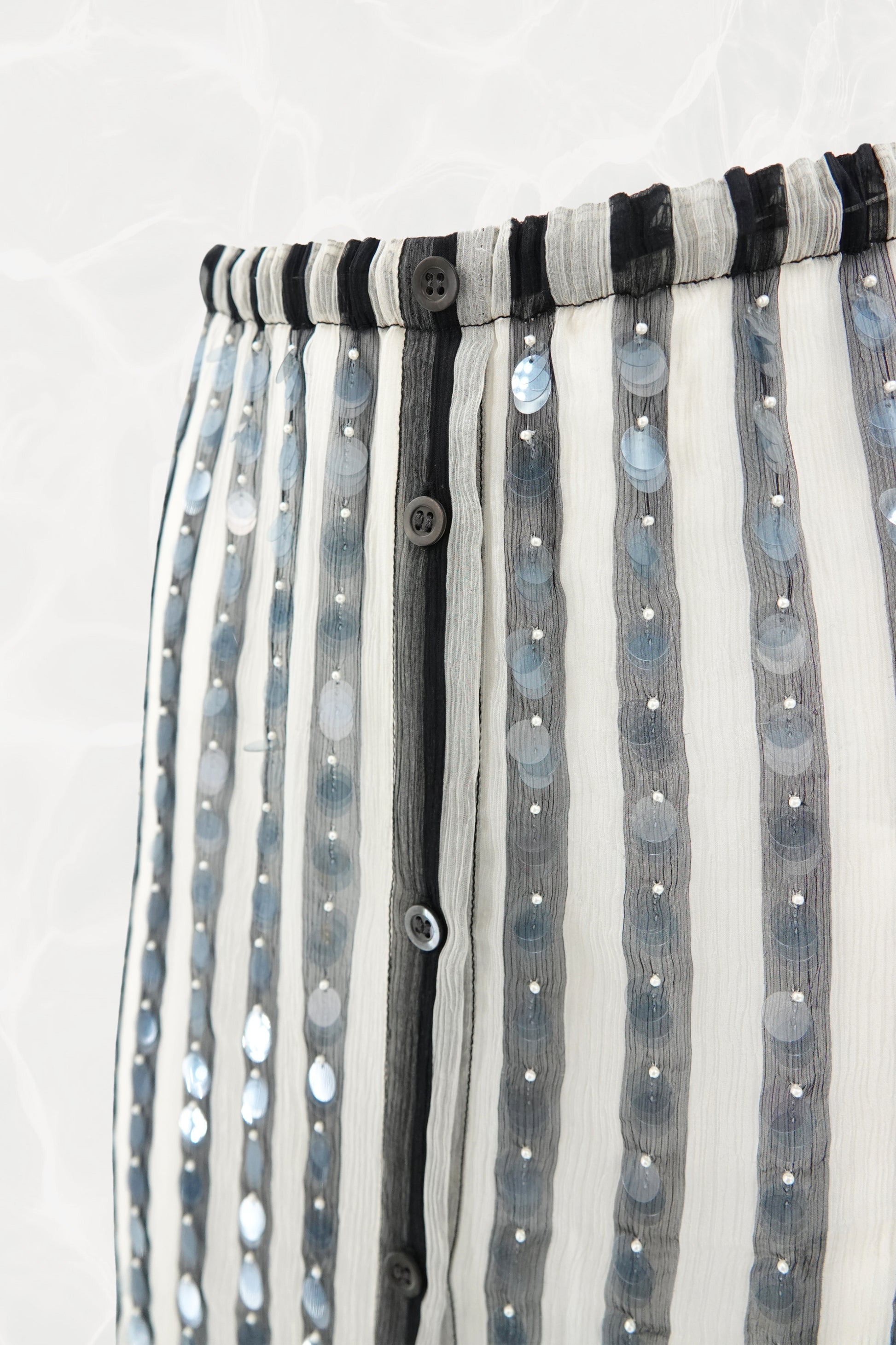 SS24 Silk Chiffon Sequin Stripe Button-Front Drawstring Skirt