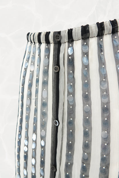 SS24 Silk Chiffon Sequin Stripe Button-Front Drawstring Skirt