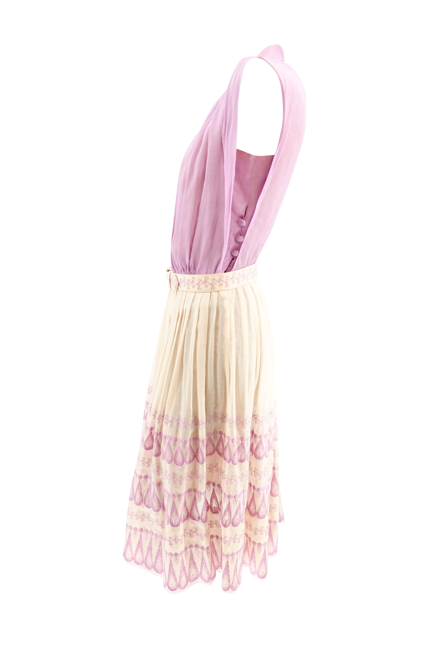 Doris Dodson 1940s lavender embroidered border dress, back view — Disco Palma