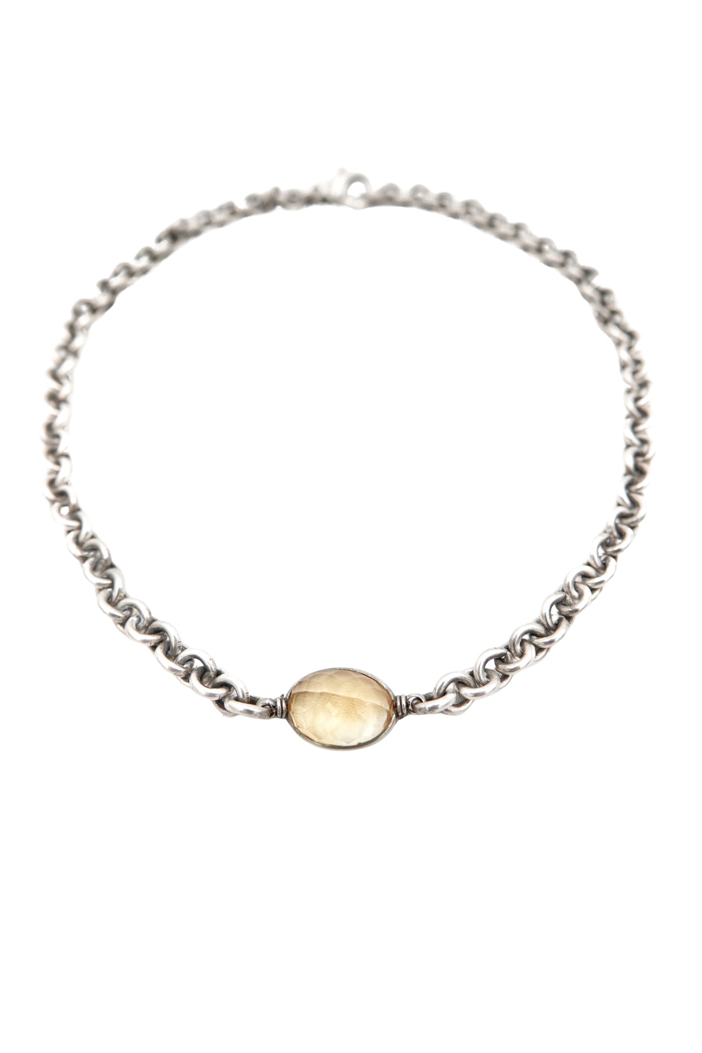 Vintage Sterling Silver Double-Link Chain Necklace with Faceted Citrine