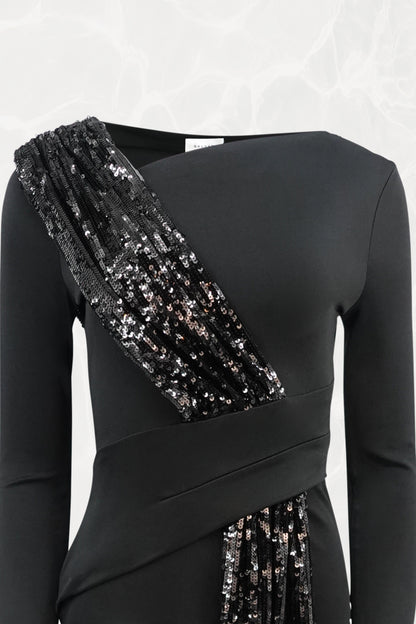 Asymmetrical Black Sequin Sash Long Sleeved Jersey Top NWT