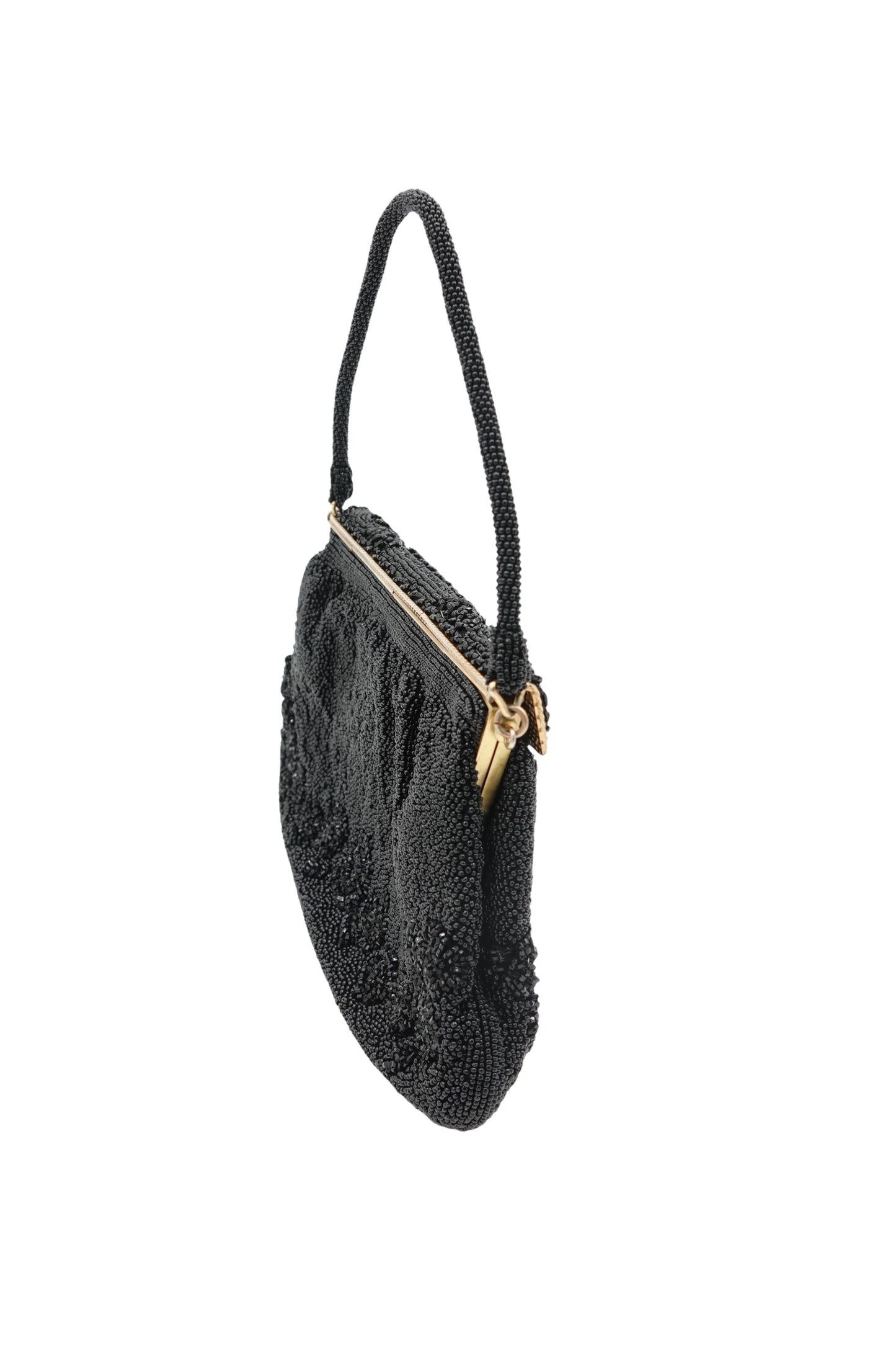 Vintage 1950s Black Seed Bead Evening Bag, Mother-of-Pearl Frame
