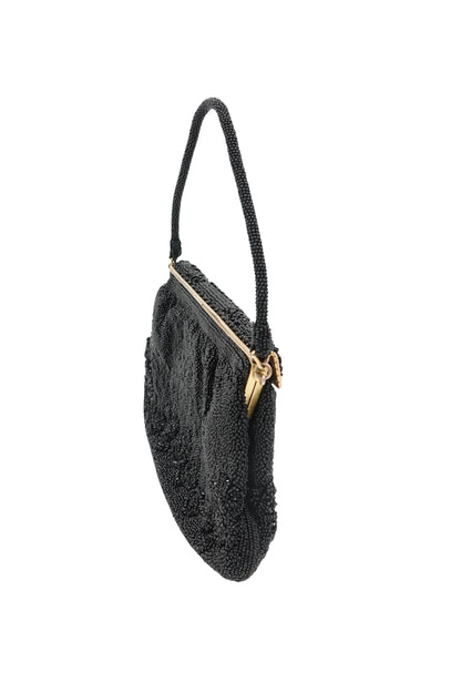 Vintage 1950s Black Seed Bead Evening Bag, Mother-of-Pearl Frame