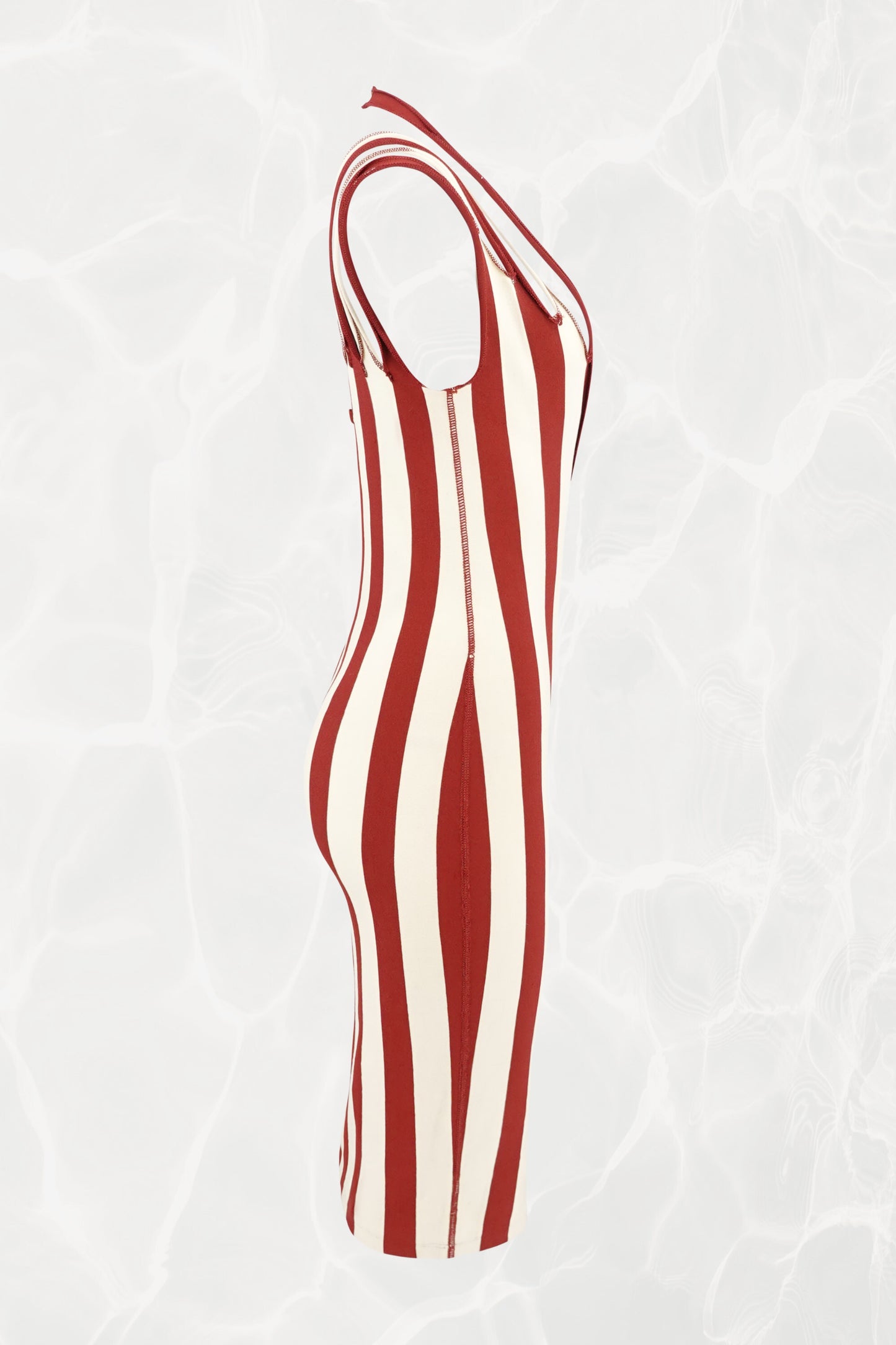 Jean Paul Gaultier Maille 1990s red and cream stripe bodycon midi dress, alternate side view — Disco Palma