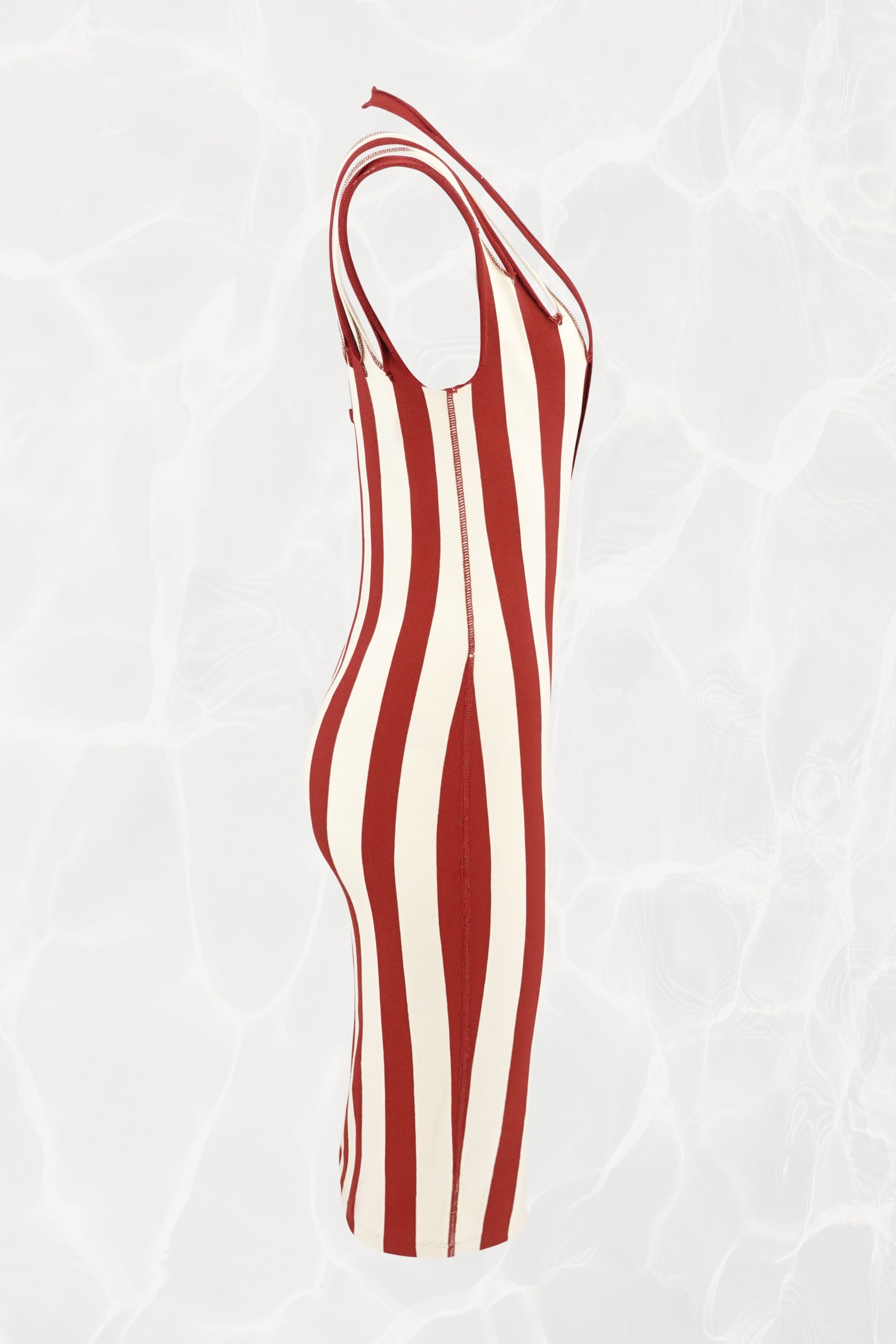 Jean Paul Gaultier Maille 1990s red and cream stripe bodycon midi dress, alternate side view — Disco Palma