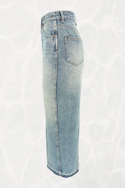 R13 denim skirt, three-quarter view showing waist and hip — Disco Palma