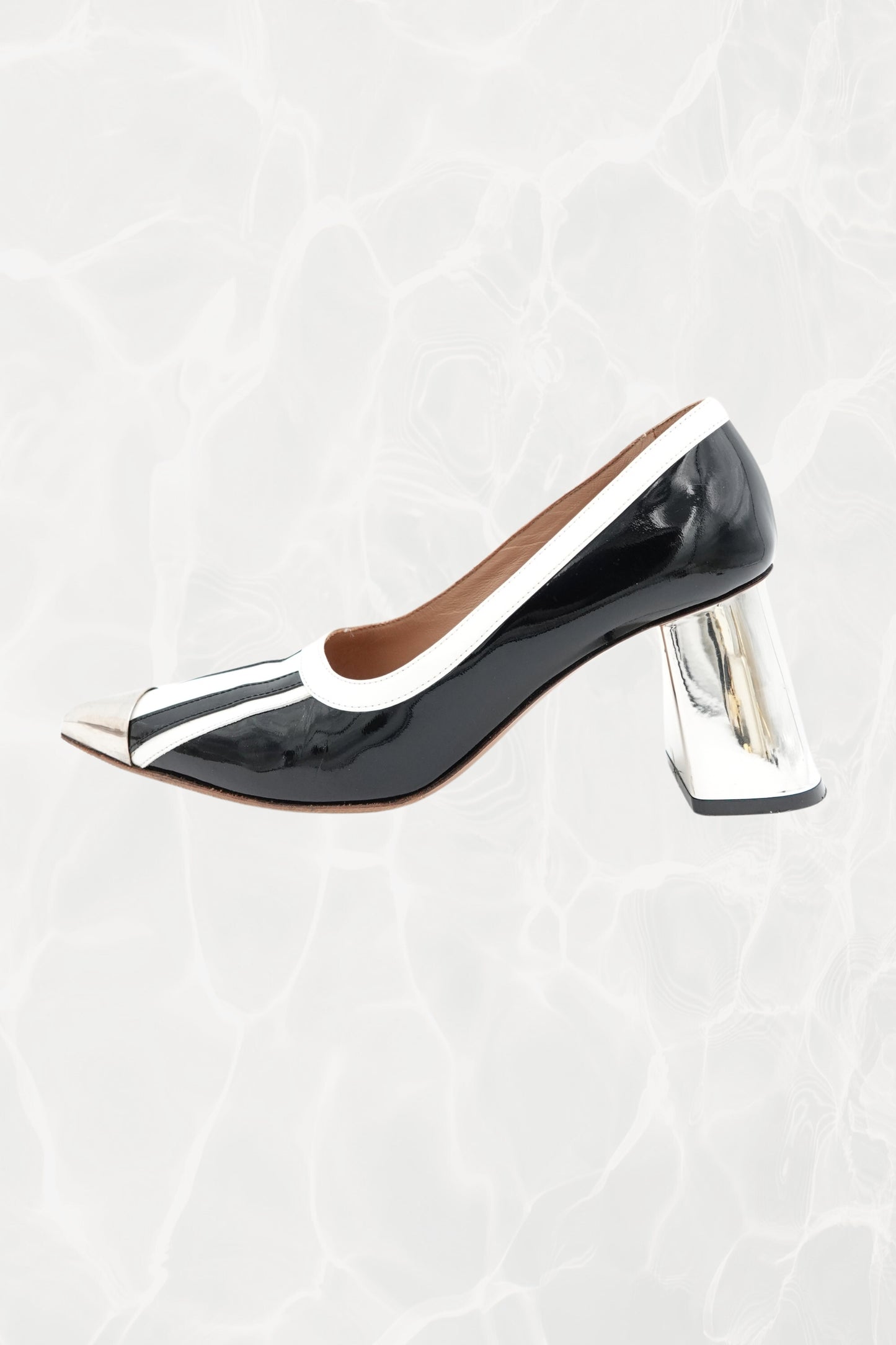 Black and White Stripe Patent Leather Pump, Chrome Block Heel