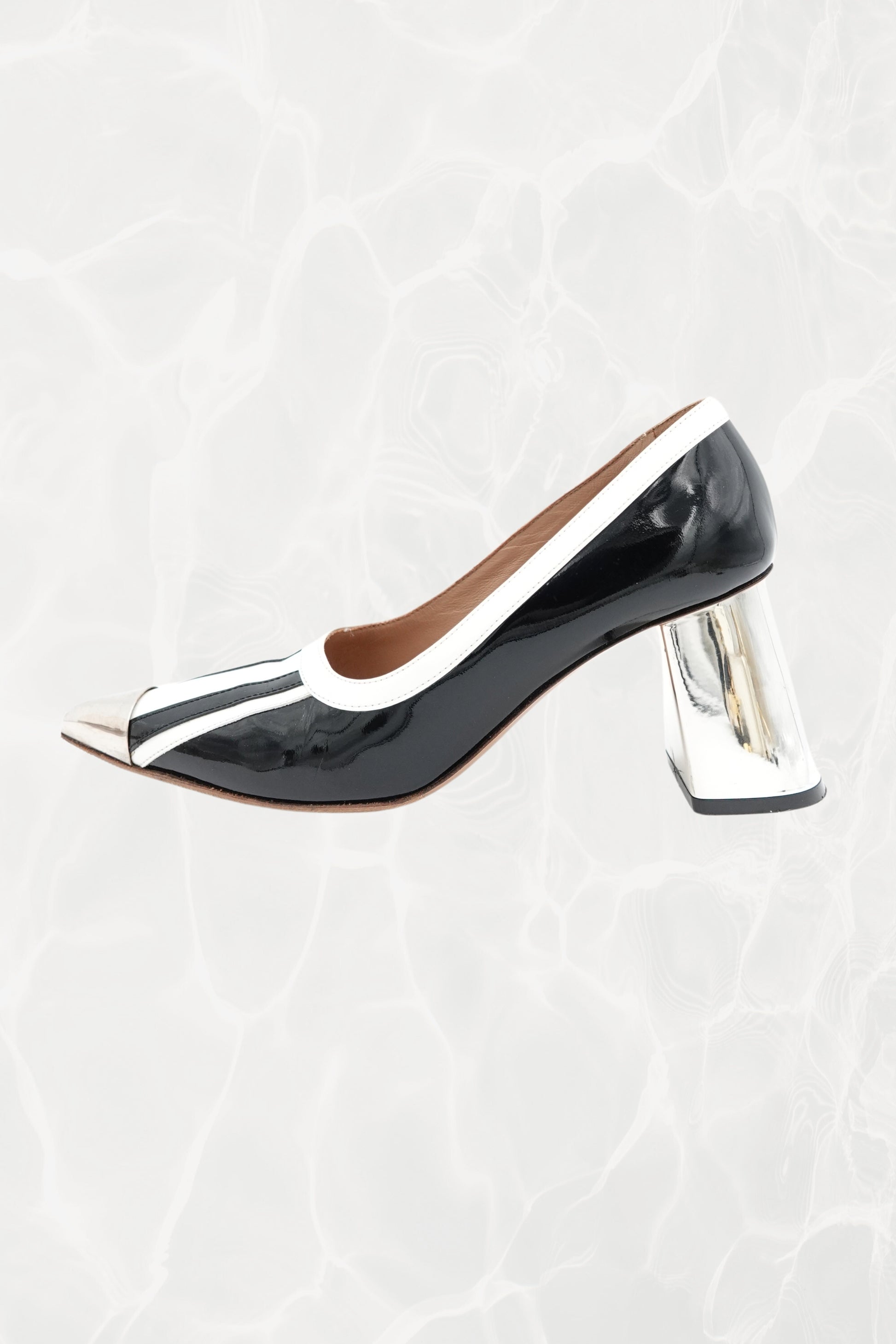 Black and White Stripe Patent Leather Pump, Chrome Block Heel
