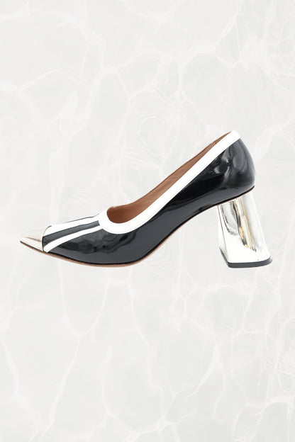 Black and White Stripe Patent Leather Pump, Chrome Block Heel