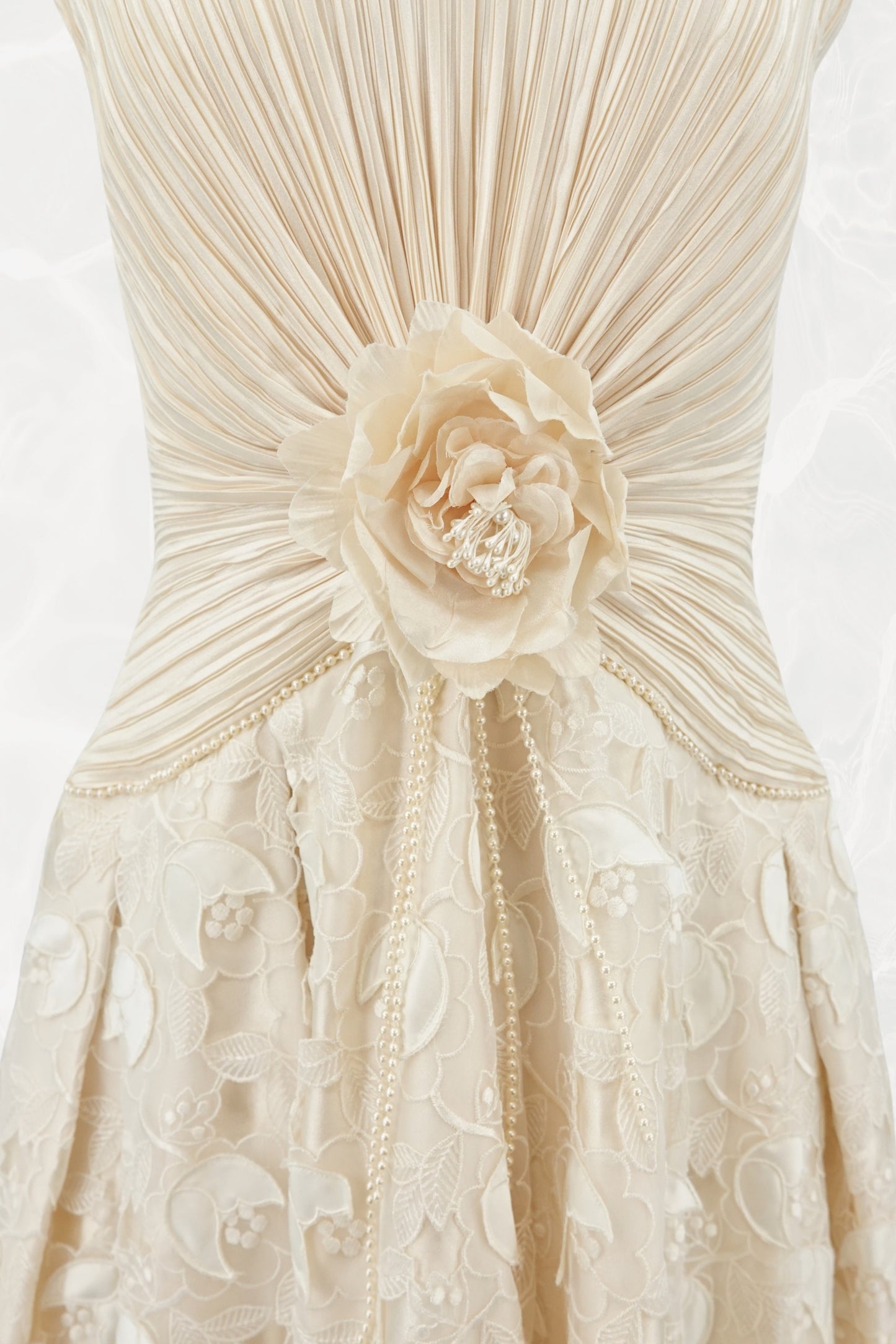 Vintage 1990s Ivory Pleated Bodice Satin Appliqué Ball Gown