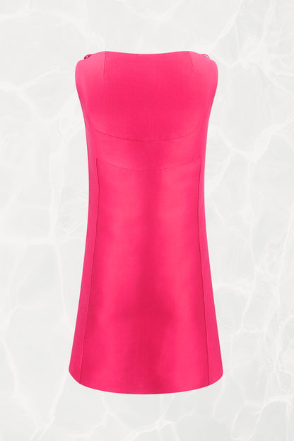 Vintage 1960s Fuchsia Shift Mini Dress, Covered Buttons and Asymmetric Hem
