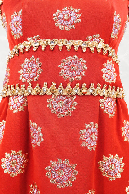 Oscar de la Renta red metallic brocade dress, three-quarter view — Disco Palma
