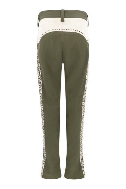 Vintage 1970s Olive Embroidered Flare Trousers with Suede Appliqué