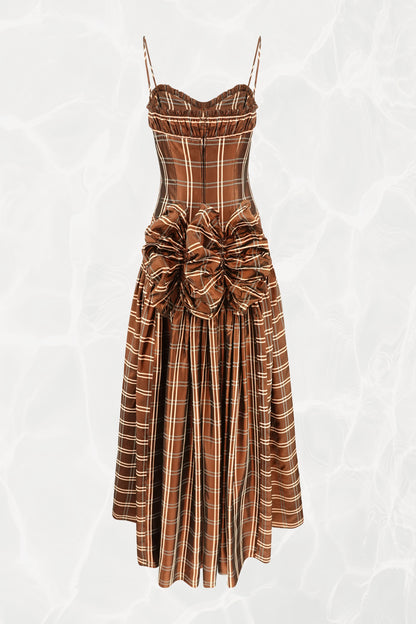 Party Lines by Domb 1940s brown plaid taffeta gown, back view — Disco Palma