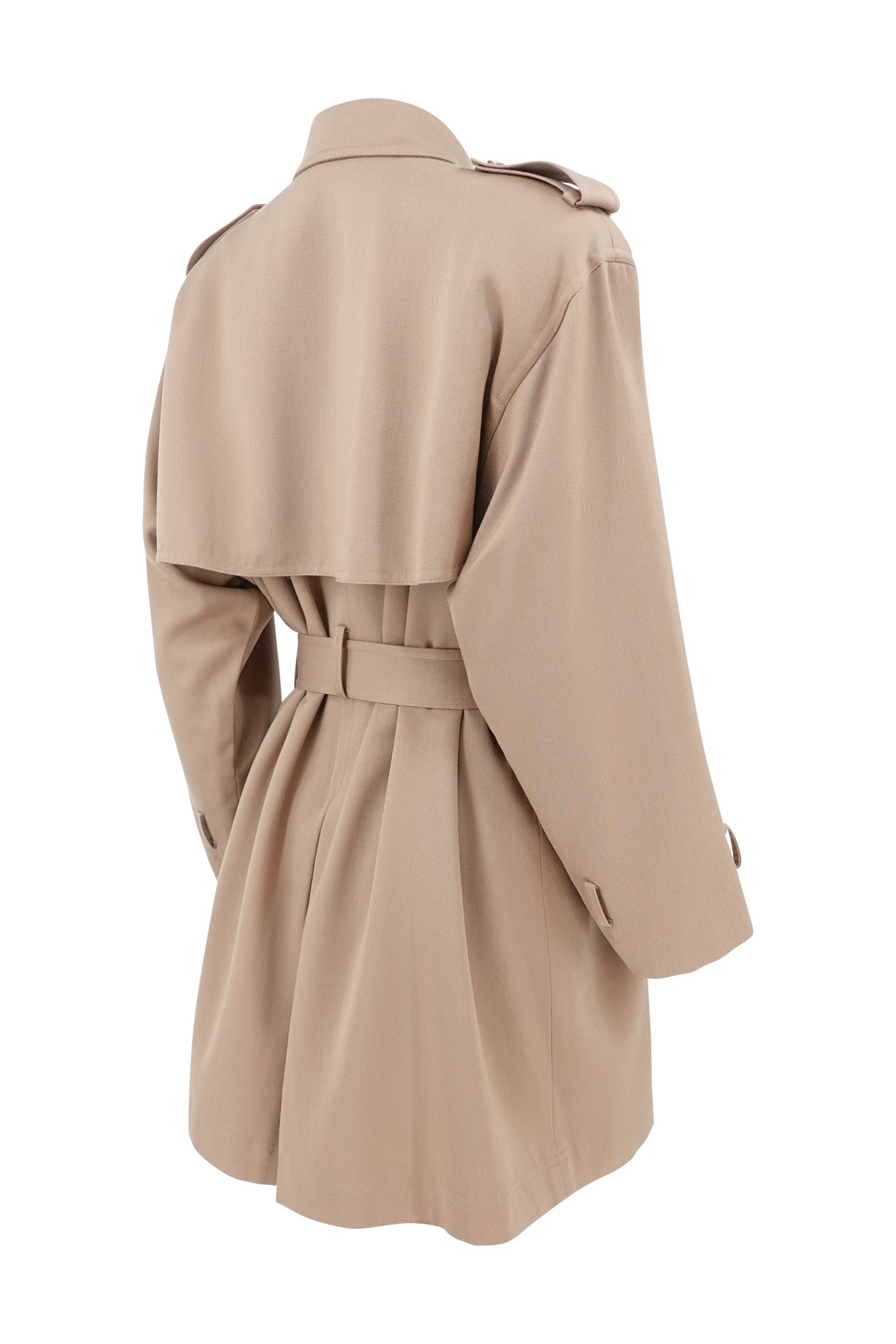 Vintage 1980s–90s Beige Wool Belted Cape Back Short Trench Coat