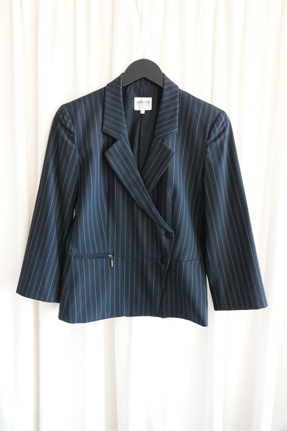 Vintage Armani Collezioni navy pinstripe jacket, back view — Disco Palma