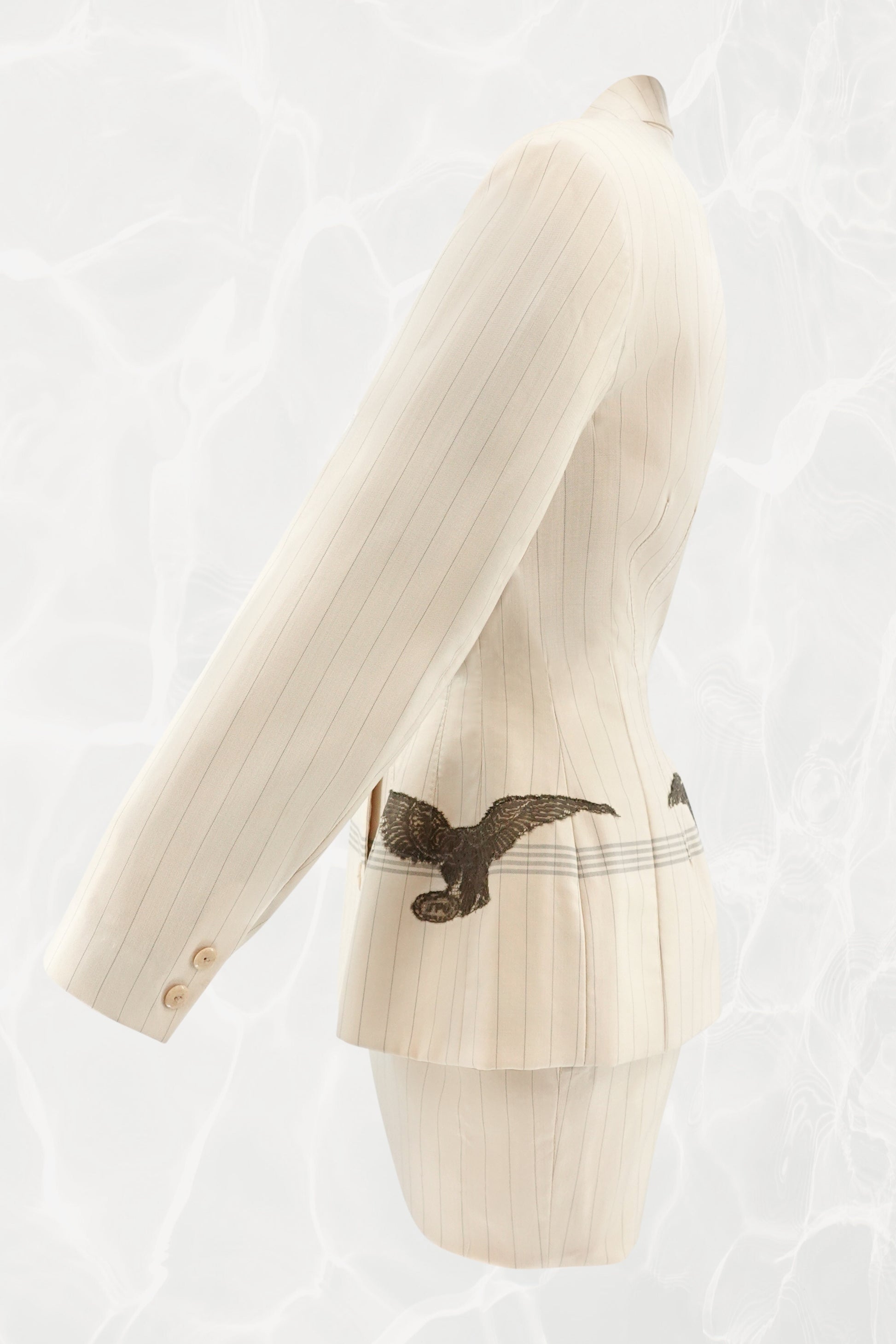 SS88 Pinstripe Tailored Skirt Suit with Lace Eagle Appliqué