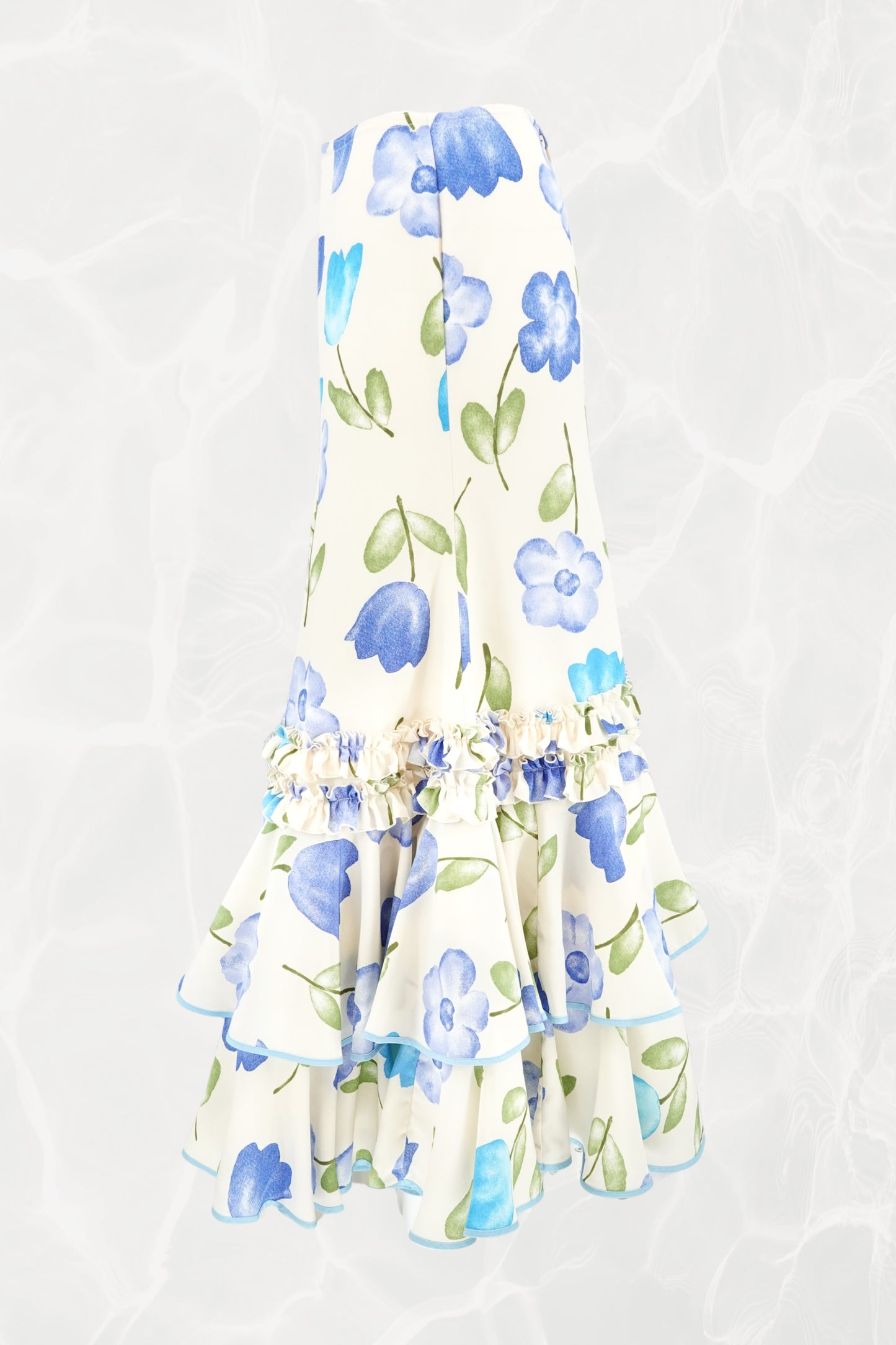 Late 1970s–Early 1980s Watercolor Floral Drop-Waist Tiered Crepe Maxi Skirt, YSL Rive Gauche Style