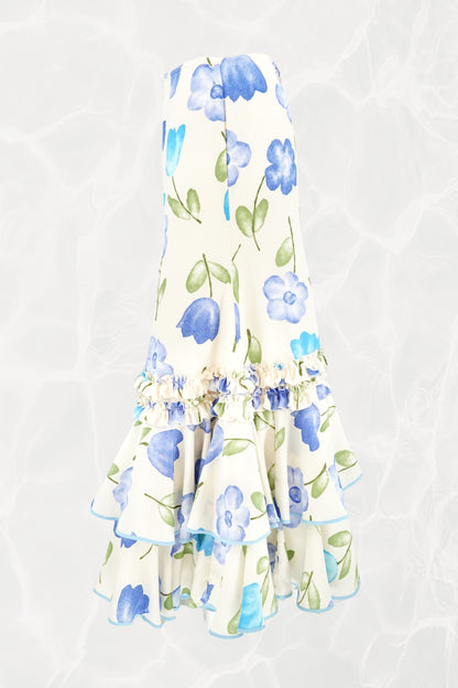 Late 1970s–Early 1980s Watercolor Floral Drop-Waist Tiered Crepe Maxi Skirt, YSL Rive Gauche Style
