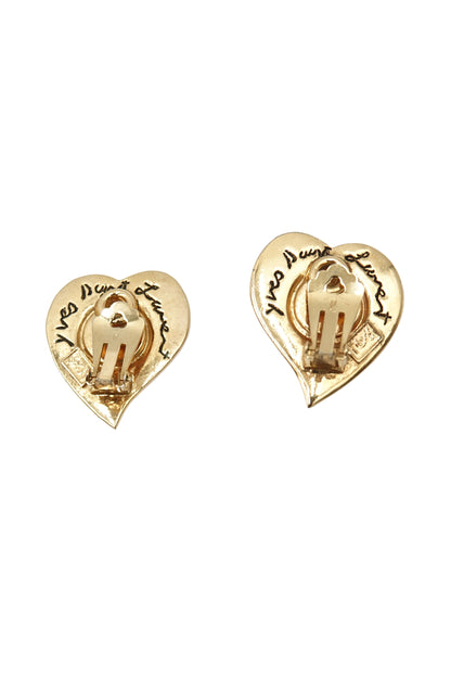 Vintage 1980s Gold-Tone Heart Clip-On Earrings with Red Cabochon