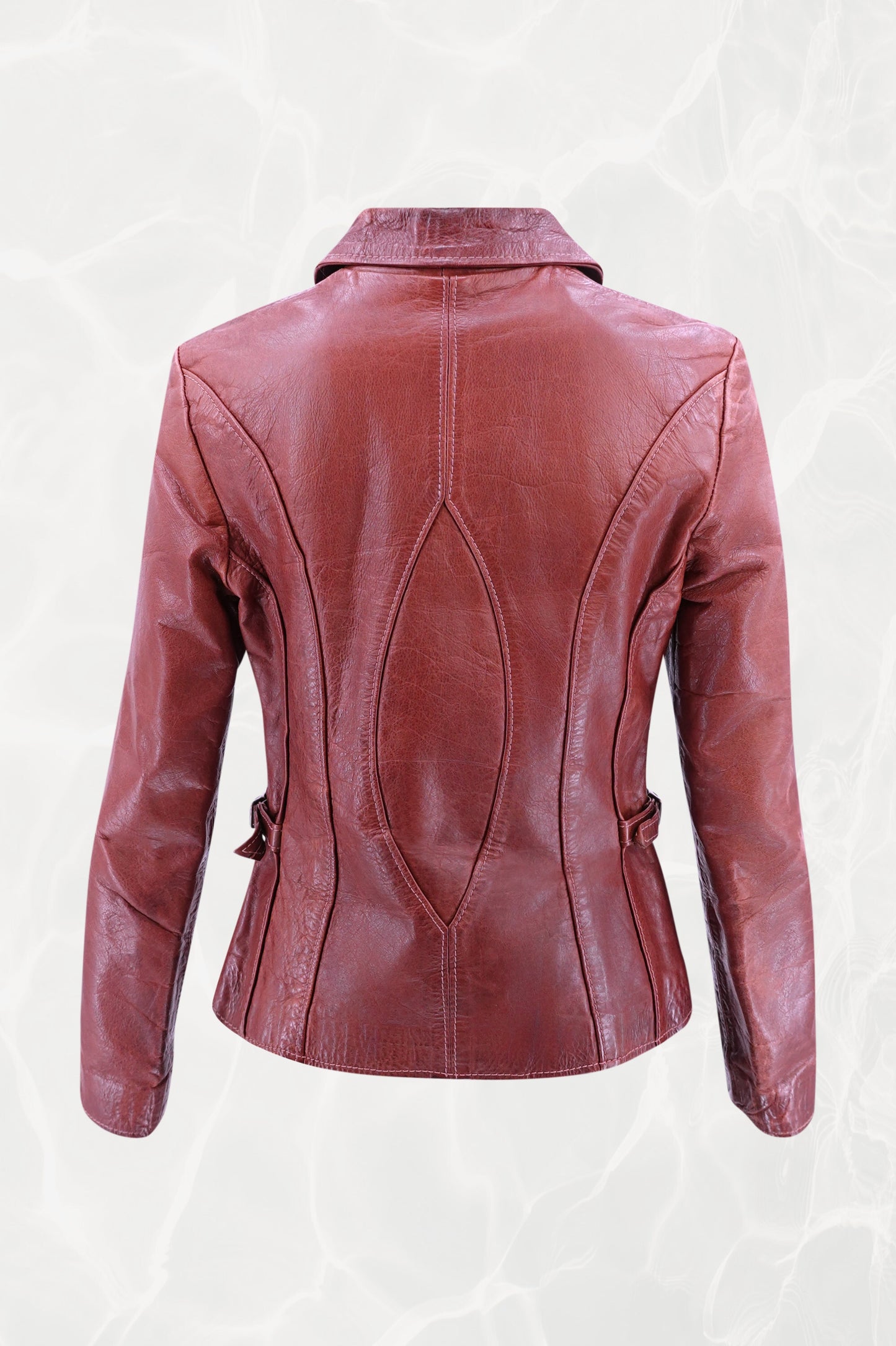 East West Musical Instruments 1970s burgundy leather jacket, back view — Disco Palma