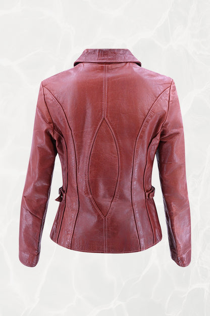 East West Musical Instruments 1970s burgundy leather jacket, back view — Disco Palma