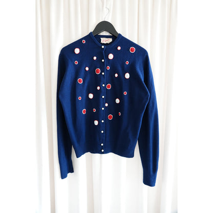 Vintage 1960s Schiaparelli Navy Beaded Polka Dot Cardigan