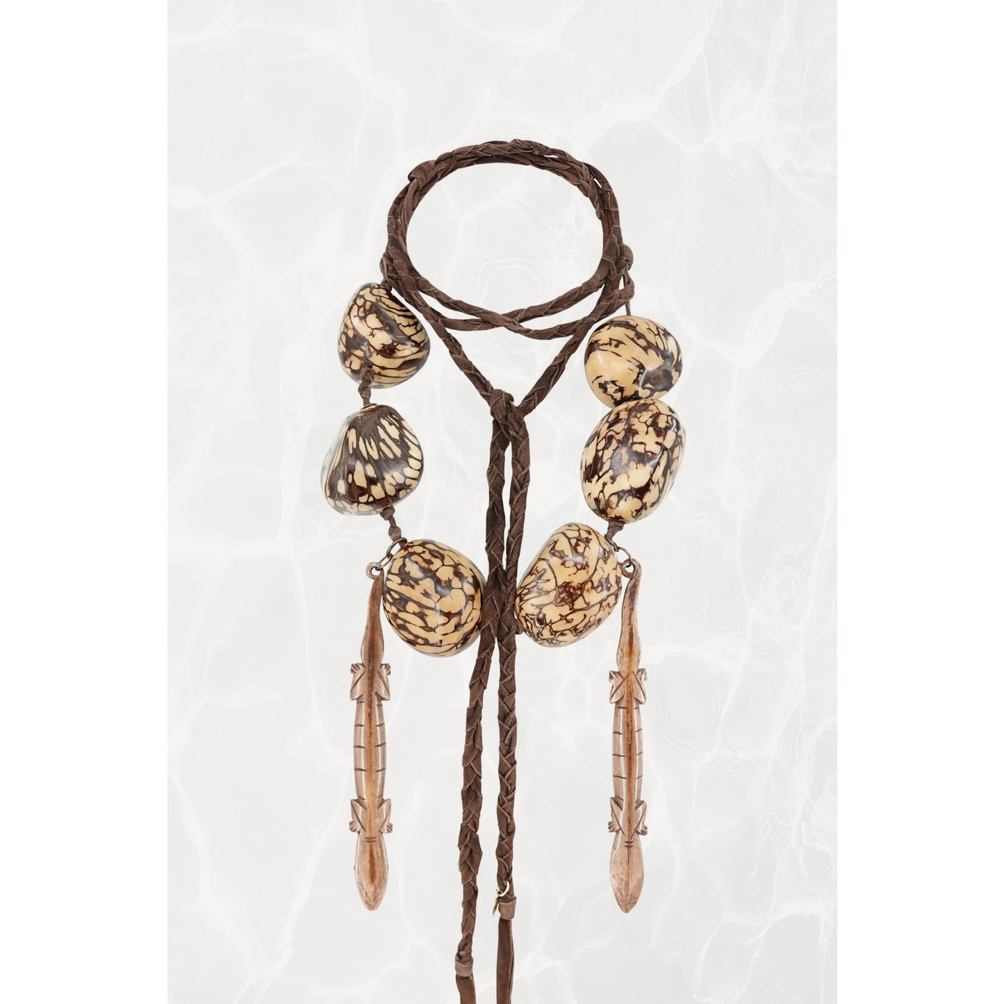 Vintage 1990s Tagua Nut Lariat Necklace with Carved Lizard Pendants