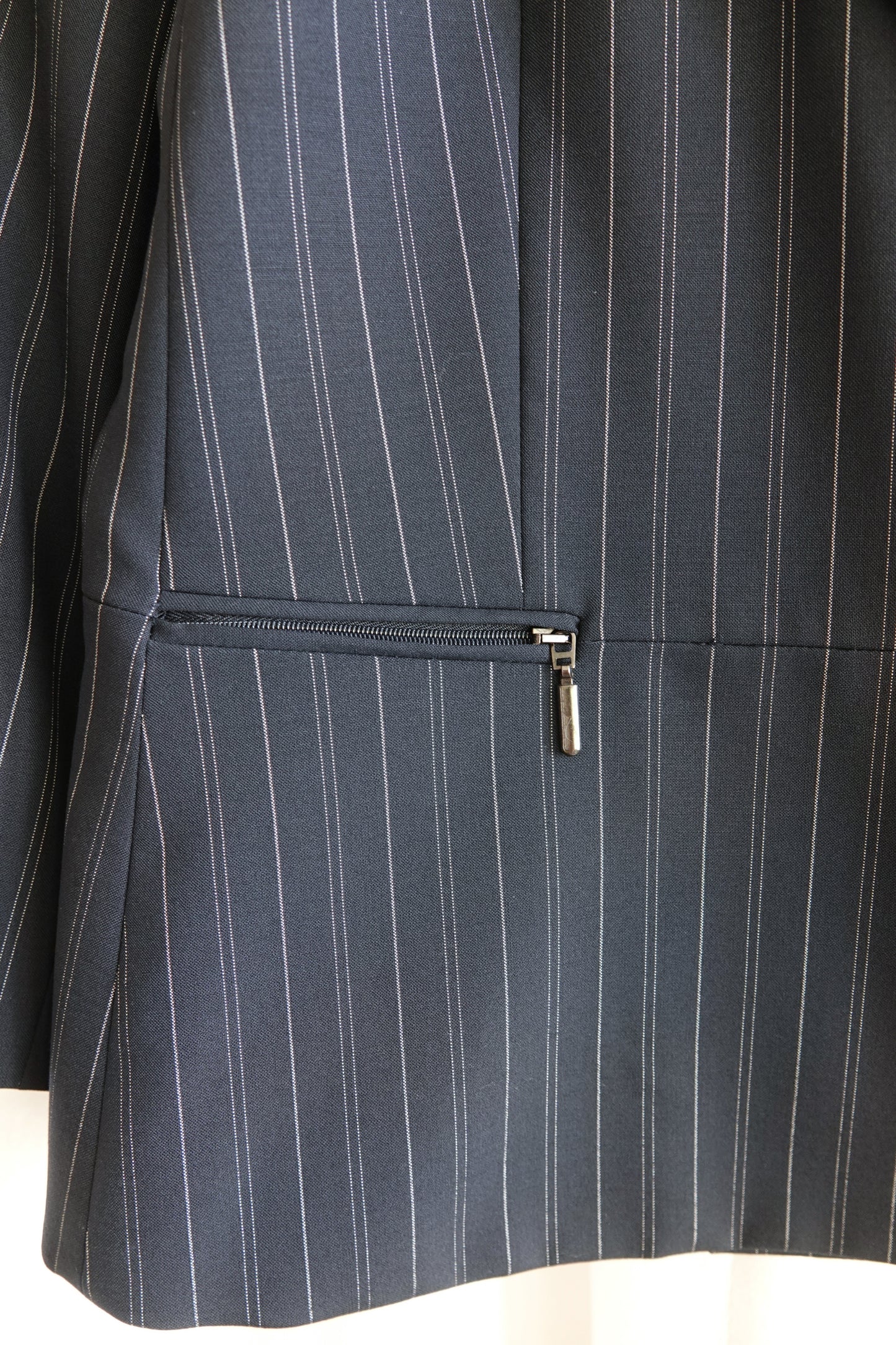 Vintage Armani Collezioni navy pinstripe jacket, lapel detail — Disco Palma