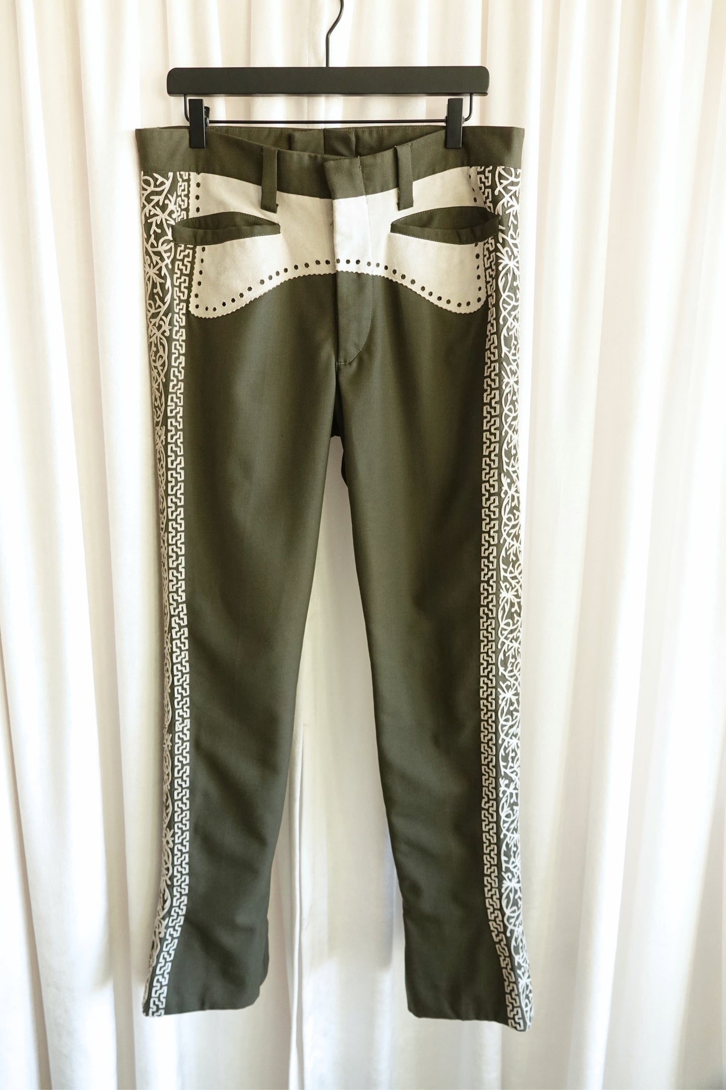 Vintage 1970s Olive Embroidered Flare Trousers with Suede Appliqué