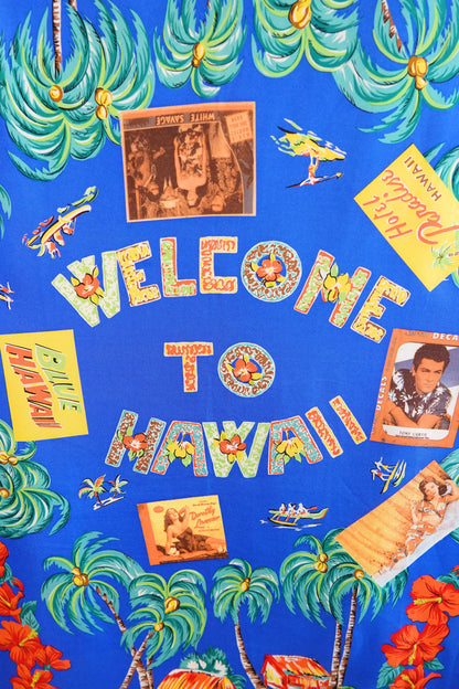 “Welcome to Hawaii” Hula Post Card Novelty Print Silk Scarf, Circa 1990s