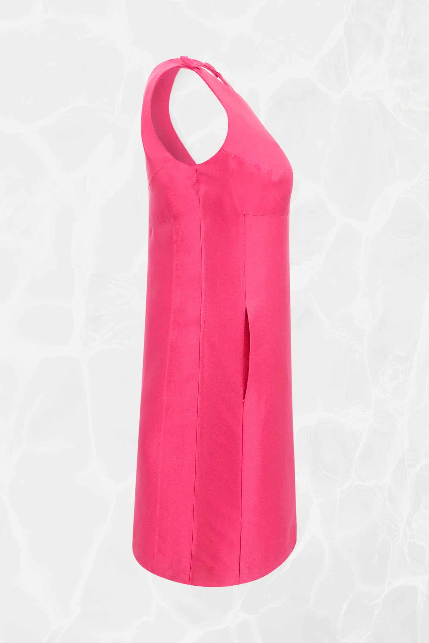 Vintage 1960s Fuchsia Shift Mini Dress, Covered Buttons and Asymmetric Hem