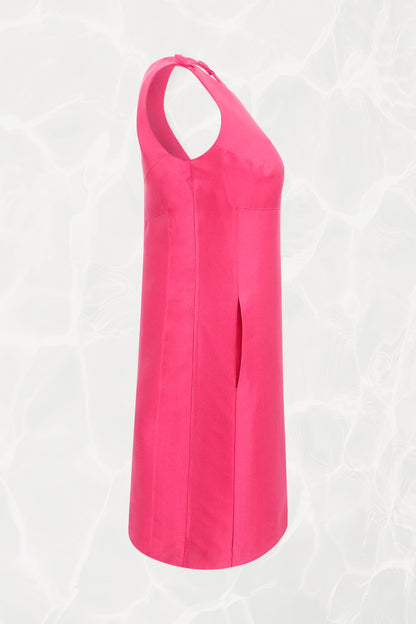 Vintage 1960s Fuchsia Shift Mini Dress, Covered Buttons and Asymmetric Hem
