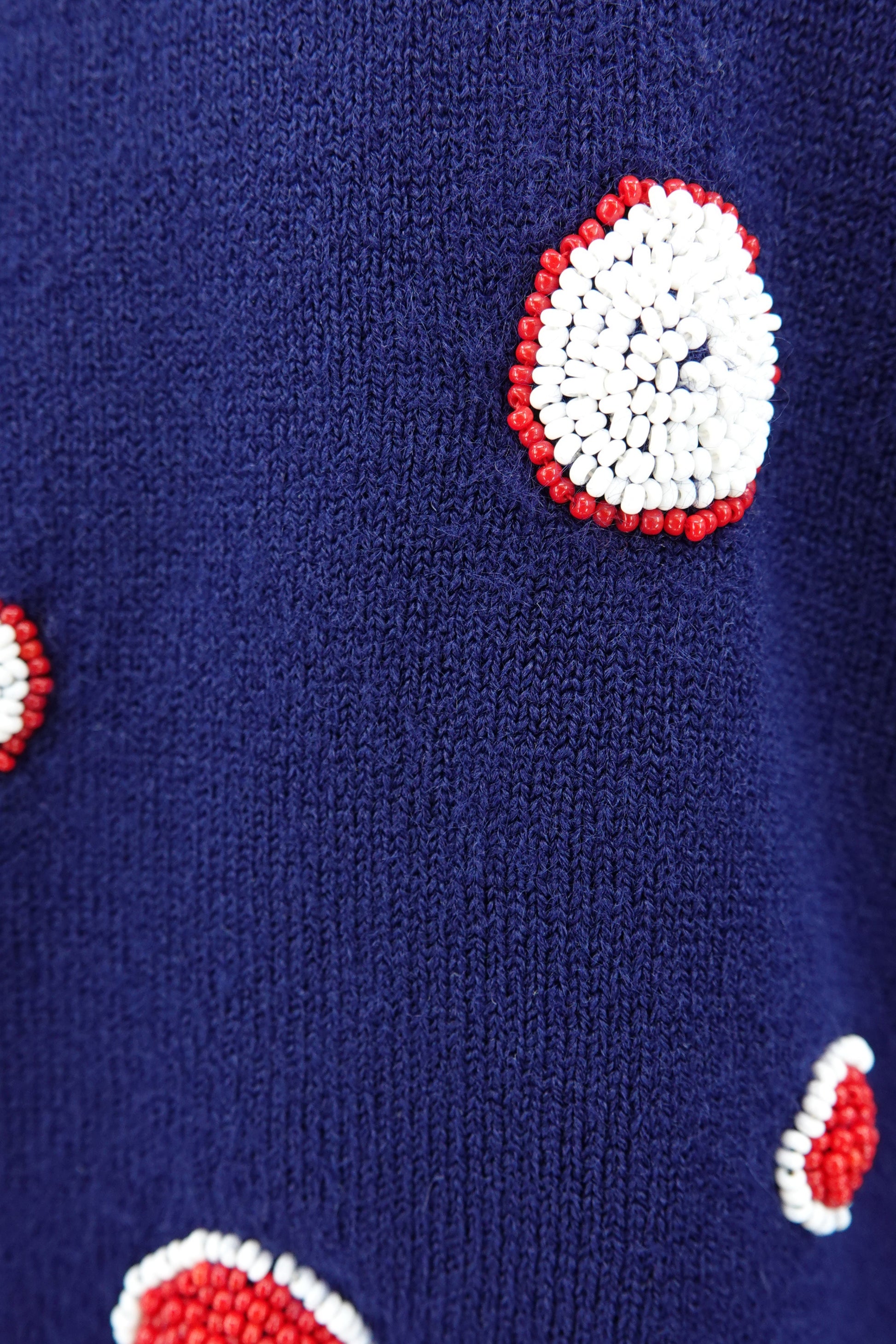 Schiaparelli vintage navy cardigan, red and white seed bead polka dot detail — Disco Palma