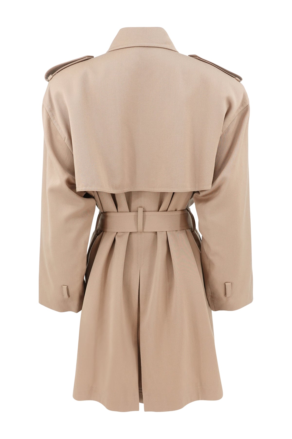 Vintage 1980s–90s Beige Wool Belted Cape Back Short Trench Coat