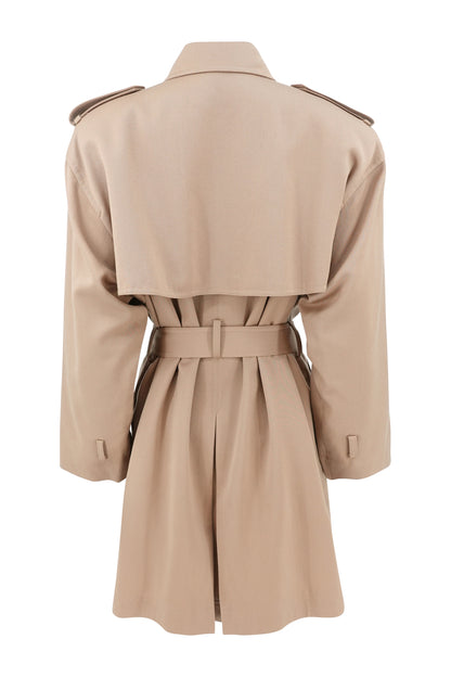 Vintage 1980s–90s Beige Wool Belted Cape Back Short Trench Coat
