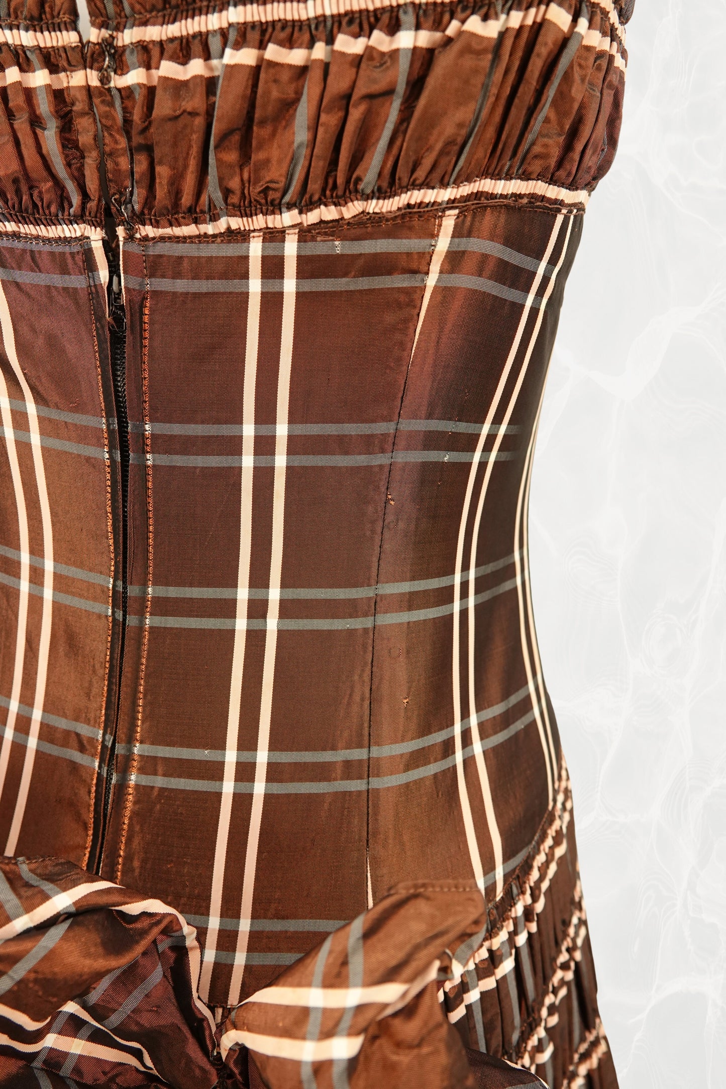 Vintage 1940s Brown Plaid Taffeta Drop-Waist Party Gown