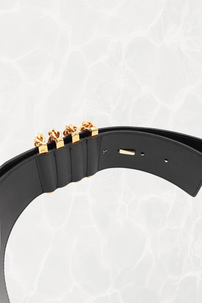 Vintage Black Patent Leather Belt with Chunky Gold Hardware