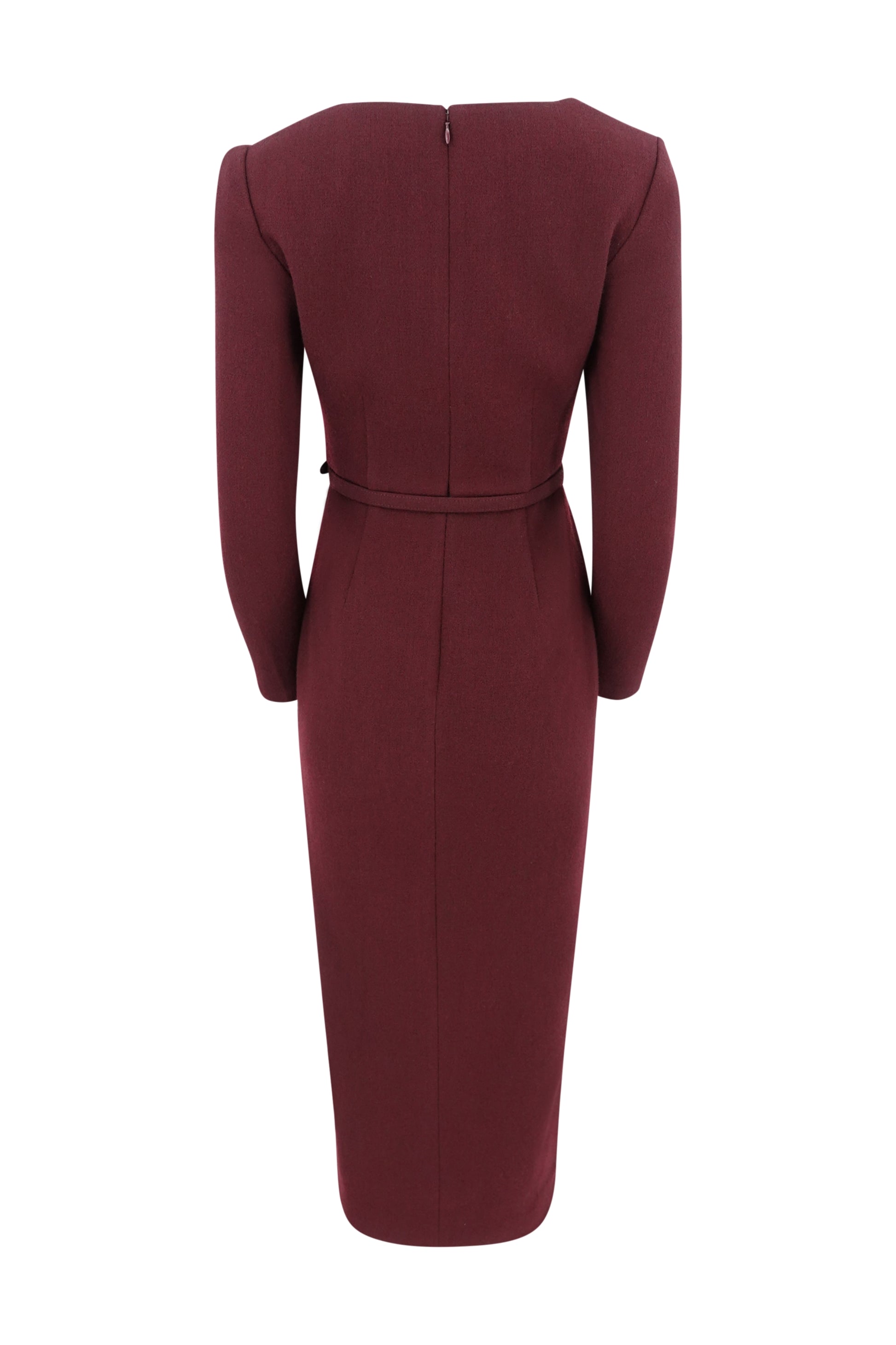 Roland Mouret burgundy pencil dress, draped neckline detail — Disco Palma