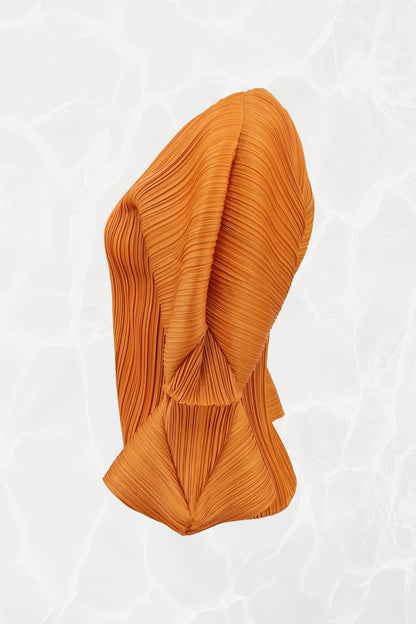 Issey Miyake Pleats Please marigold top, double-tulip sleeve cuff detail — Disco Palma