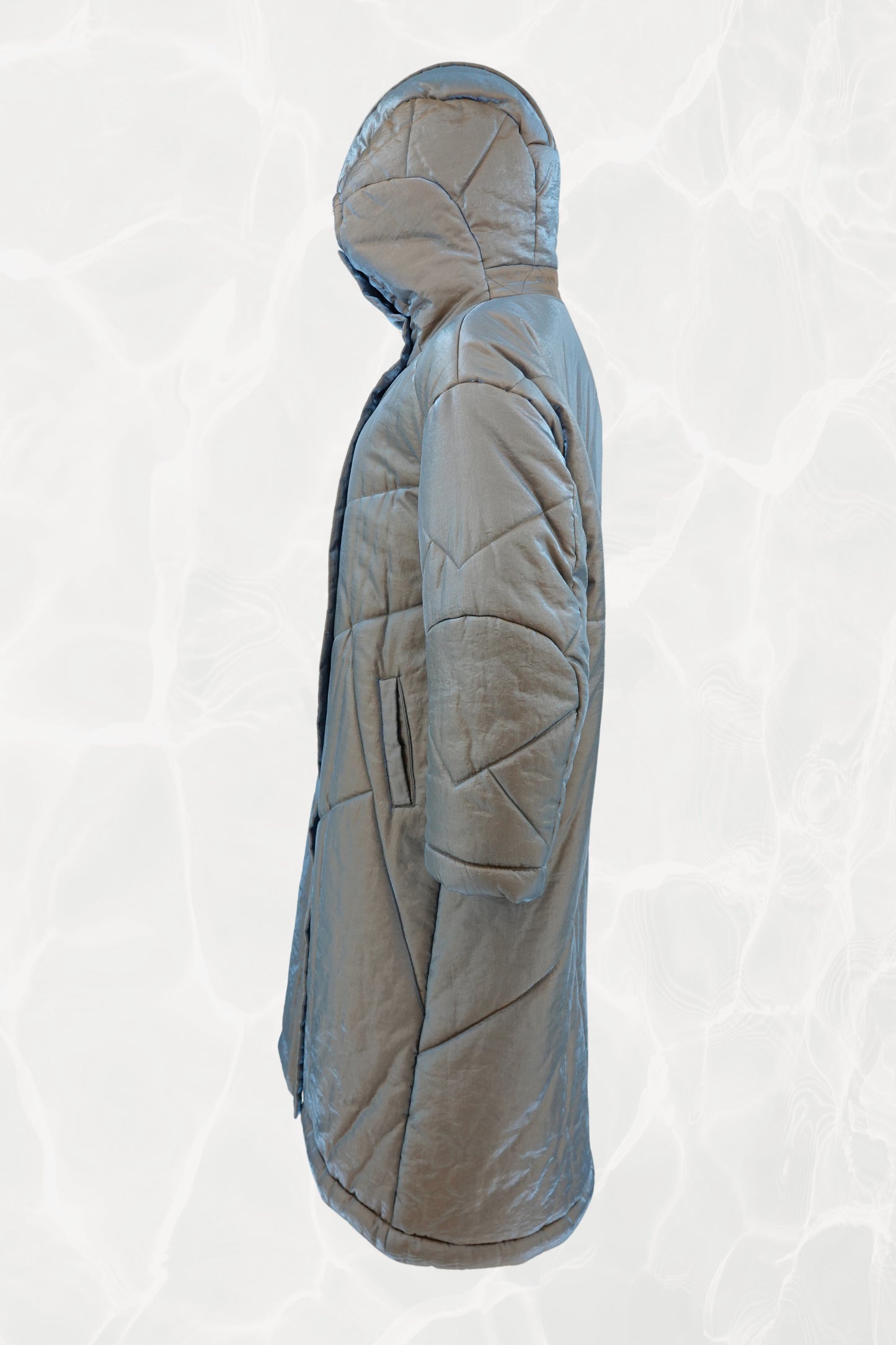 Fall 1993 Runway Iridescent Quilted Cocoon Coat with Hood