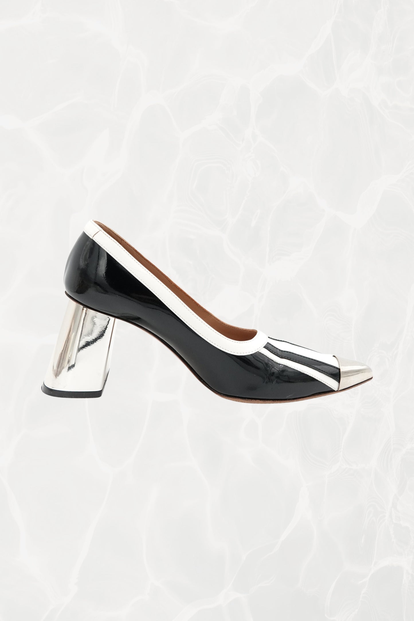 Black and White Stripe Patent Leather Pump, Chrome Block Heel