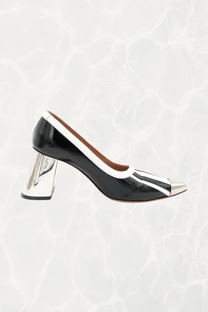 Black and White Stripe Patent Leather Pump, Chrome Block Heel