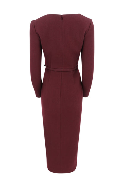 Roland Mouret burgundy pencil dress, draped neckline detail — Disco Palma