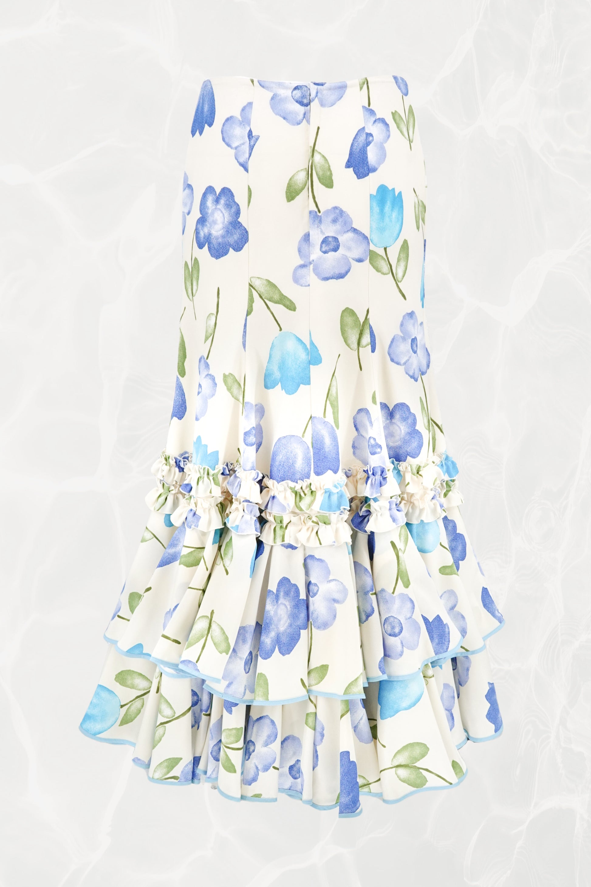 Late 1970s–Early 1980s Watercolor Floral Drop-Waist Tiered Crepe Maxi Skirt, YSL Rive Gauche Style