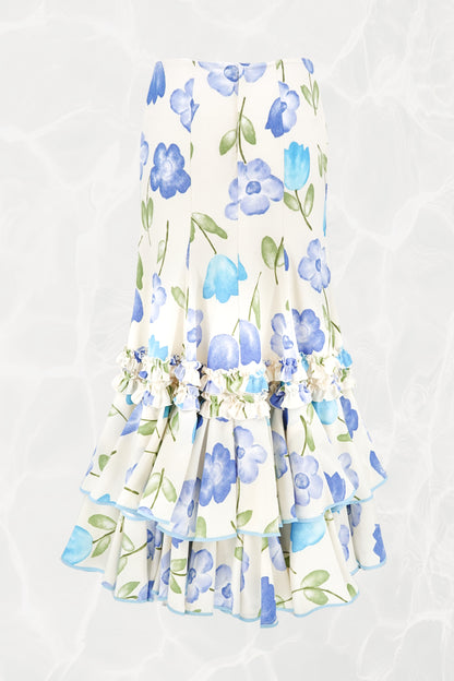 Late 1970s–Early 1980s Watercolor Floral Drop-Waist Tiered Crepe Maxi Skirt, YSL Rive Gauche Style
