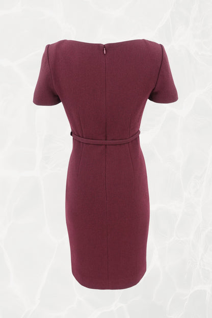 Roland Mouret AW25 Mulberry crepe pencil dress, detail of twisted neckline — Disco Palma