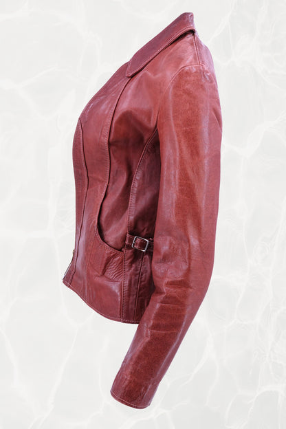 East West Musical Instruments 1970s burgundy leather jacket, detail of curved front panels — Disco Palma