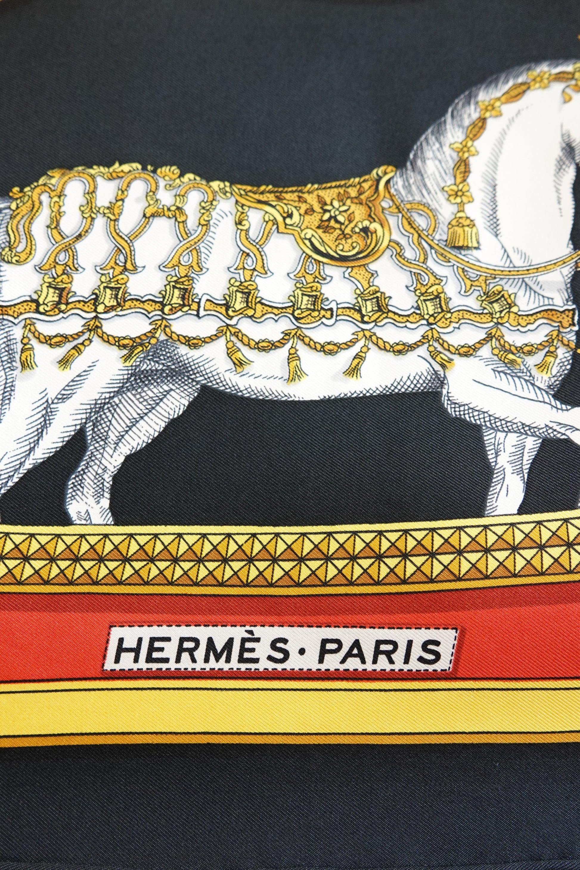 Hermès Grand Apparat Carré 90 detail: white ceremonial horse in gold tack, HERMÈS PARIS label, vintage silk scarf