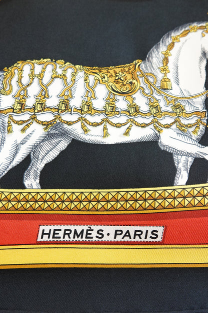 Hermès Grand Apparat Carré 90 detail: white ceremonial horse in gold tack, HERMÈS PARIS label, vintage silk scarf